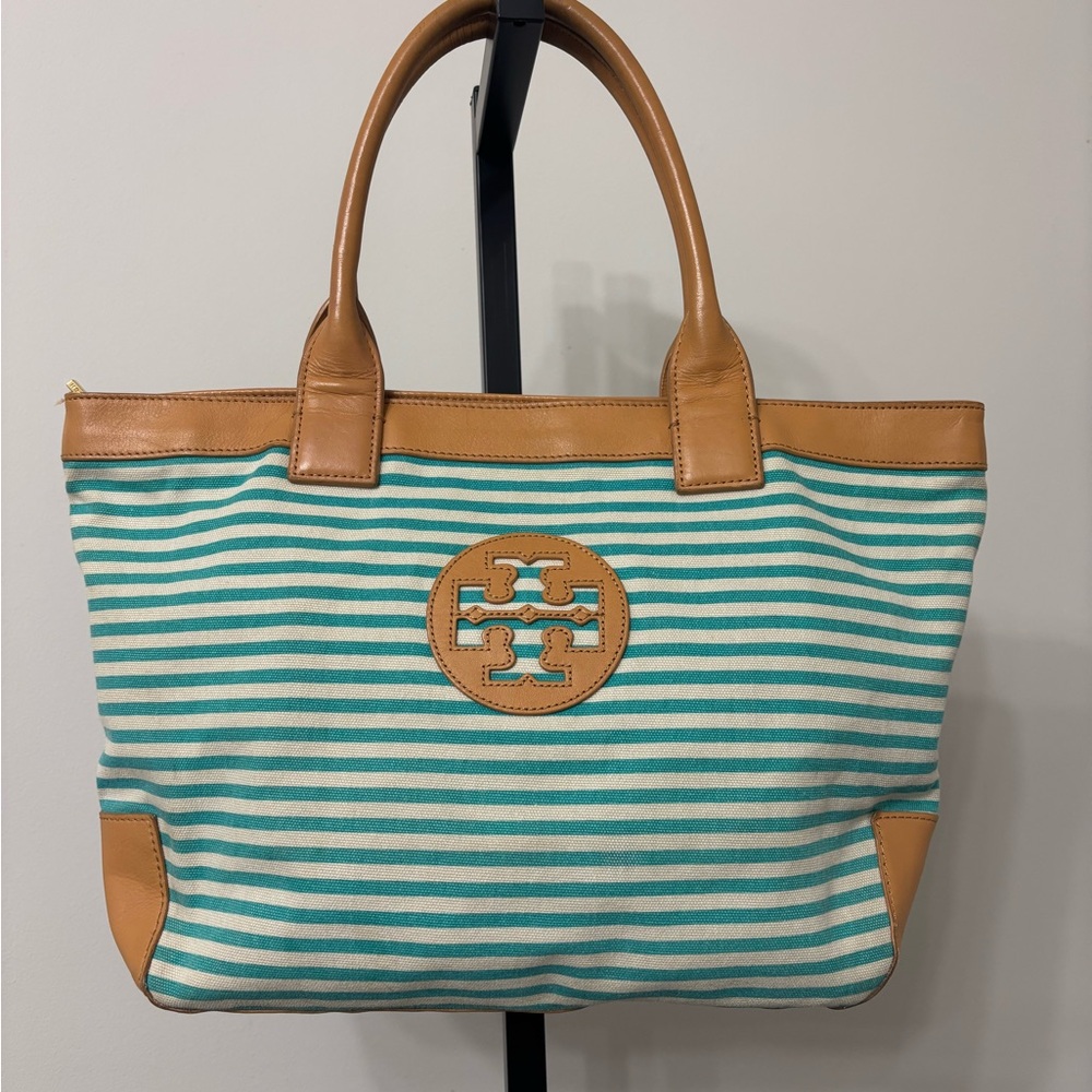 Tory Burch Green and Tan Canvas Tote with Leather Trim